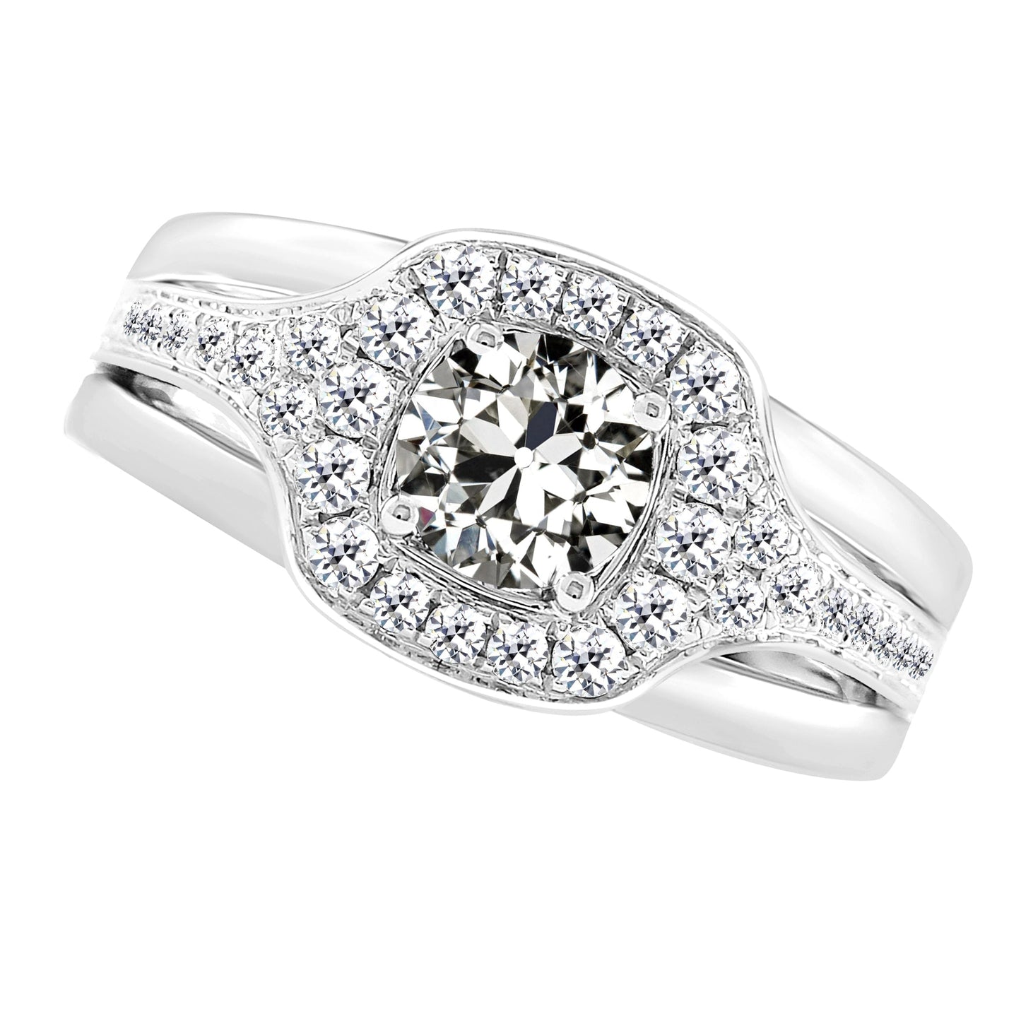 Diamante Cuscino Antico Anello con Pavé Halo in Oro Bianco 14K – vista principale