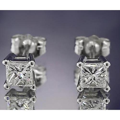 Orecchini A Bottone Con Genuino Diamanti 1.50 Carati In Oro Bianco Taglio Princess 14k F Vs1