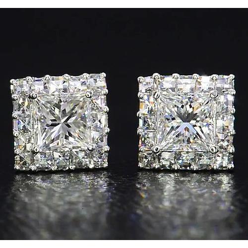 Orecchini A Bottone Con Naturale Diamanti Taglio Principessa. Oro Bianco 14K. 2 Carati