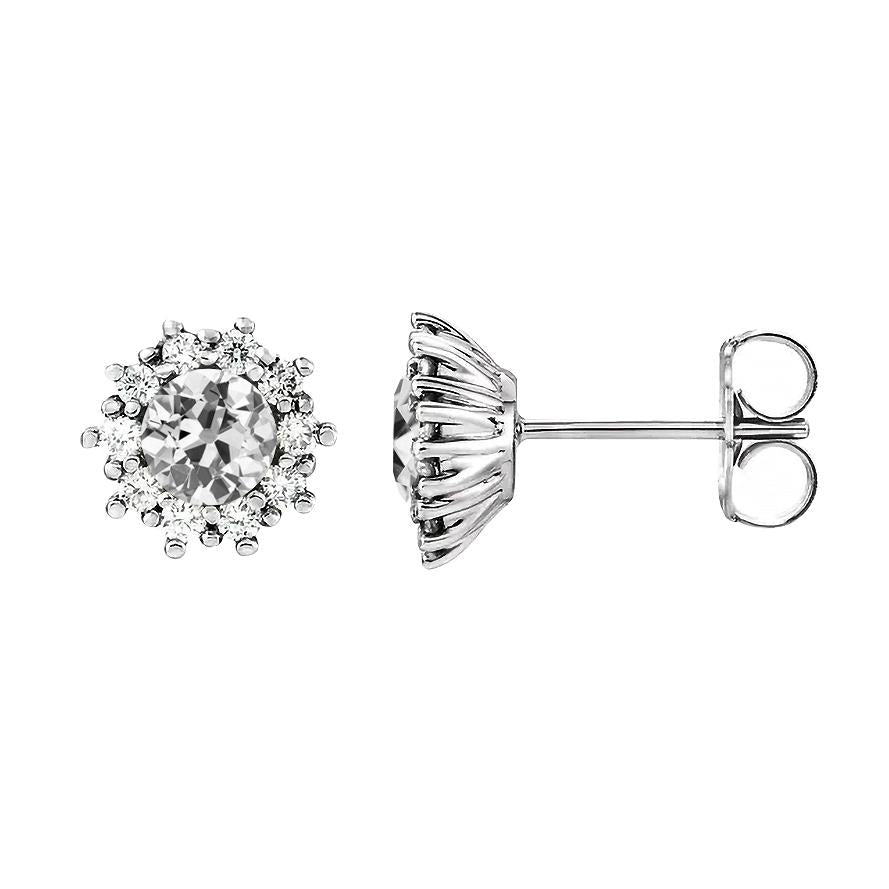 Orecchini A Bottone Halo 4 Carati Vecchio Minatore Genuino Diamante Flower Style Push Backs