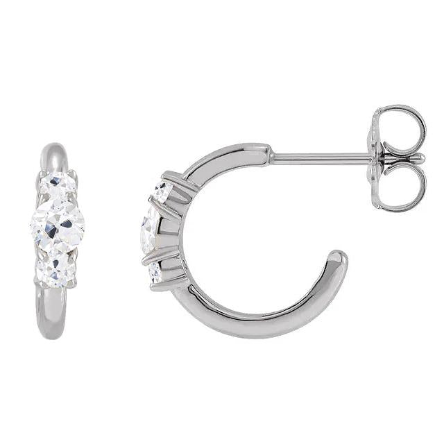 Orecchini A Cerchio Aperto Con 3 Vero Diamanti In Pietra, Gioielli In Oro Vecchio Taglio 6 Carati