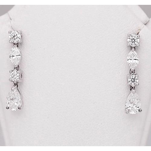 Orecchino Goccia Naturale Diamante Pera Round Marquise 4.50 Carati Oro Bianco 14K
