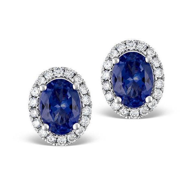 Orecchino a bottone ovale con zaffiro di Ceylon e diamante in oro bianco 14 carati 5.40 ct. - harrychadent.it