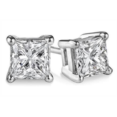 Orecchino A Bottone In Oro Bianco 14K Con Genuino Diamanti A Taglio Princess Da 3 Ct