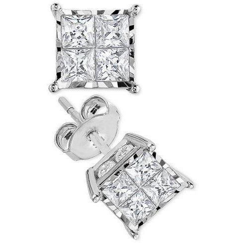 Orecchino A Bottone In Oro Bianco Con Vero Diamanti Taglio Princess Da 2 Ct