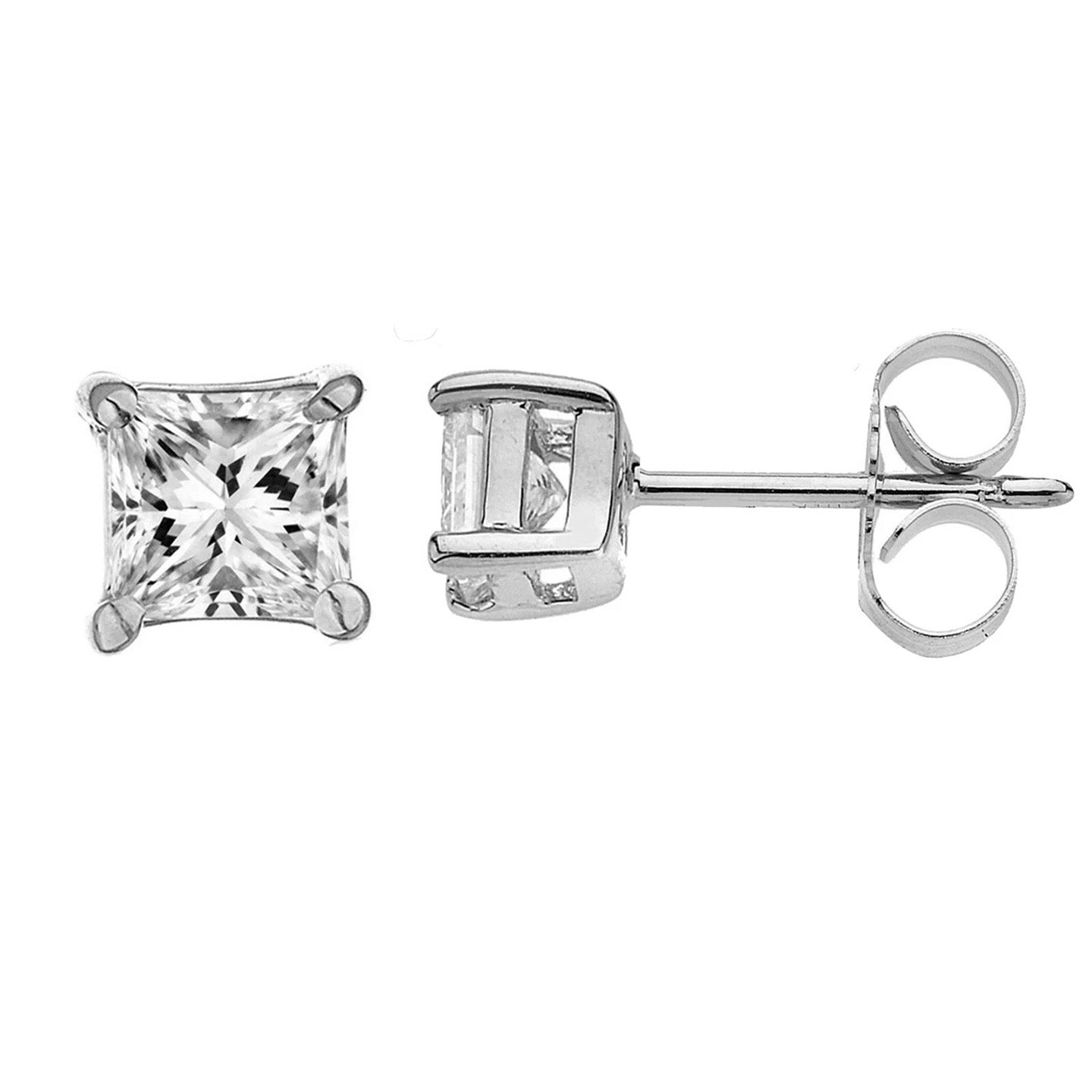 Orecchino A Bottone Con Vero Diamante Taglio Principessa, 4 Griffe, Oro Bianco 3 Carati, 14K