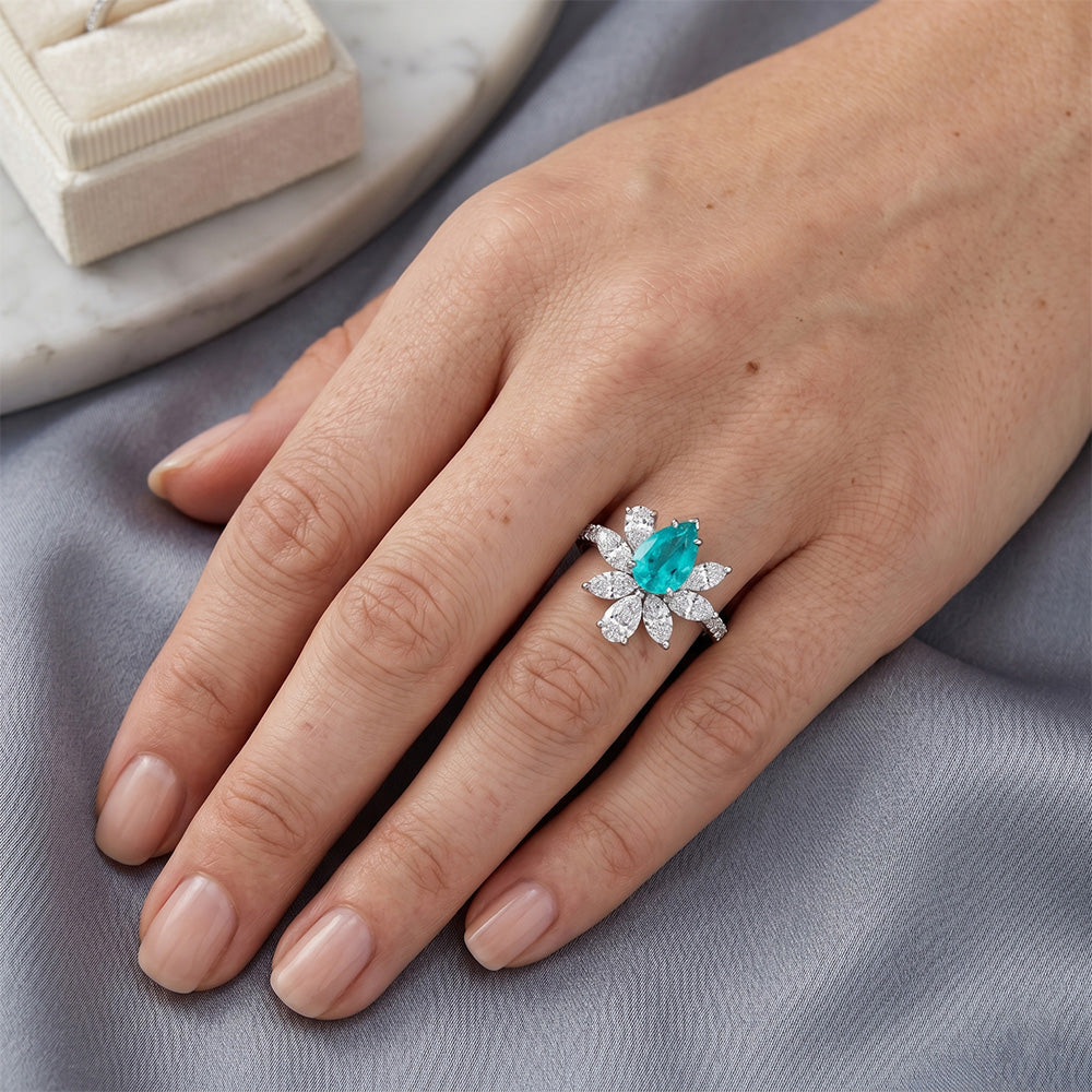 Oro 14 Carati Bianco VVS Tormalina Paraiba Anello Halo 1,25