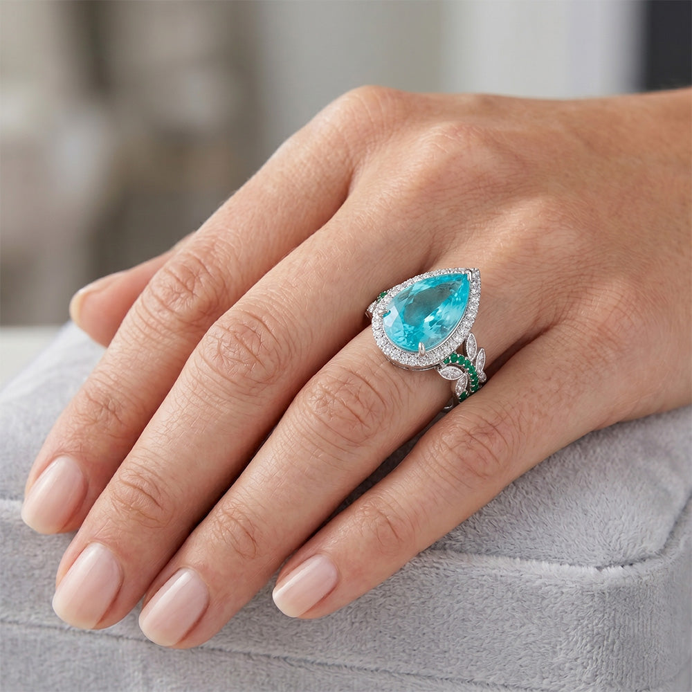 Oro Bianco 14K VVS Tormalina Paraiba Anello di Fidanzamento Halo
