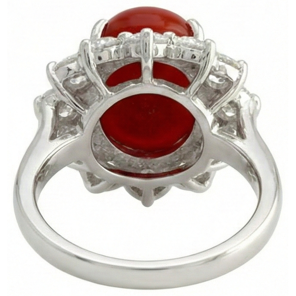 Oro bianco 16.50 ct. Anello solitario con accento di corallo rosso e diamanti