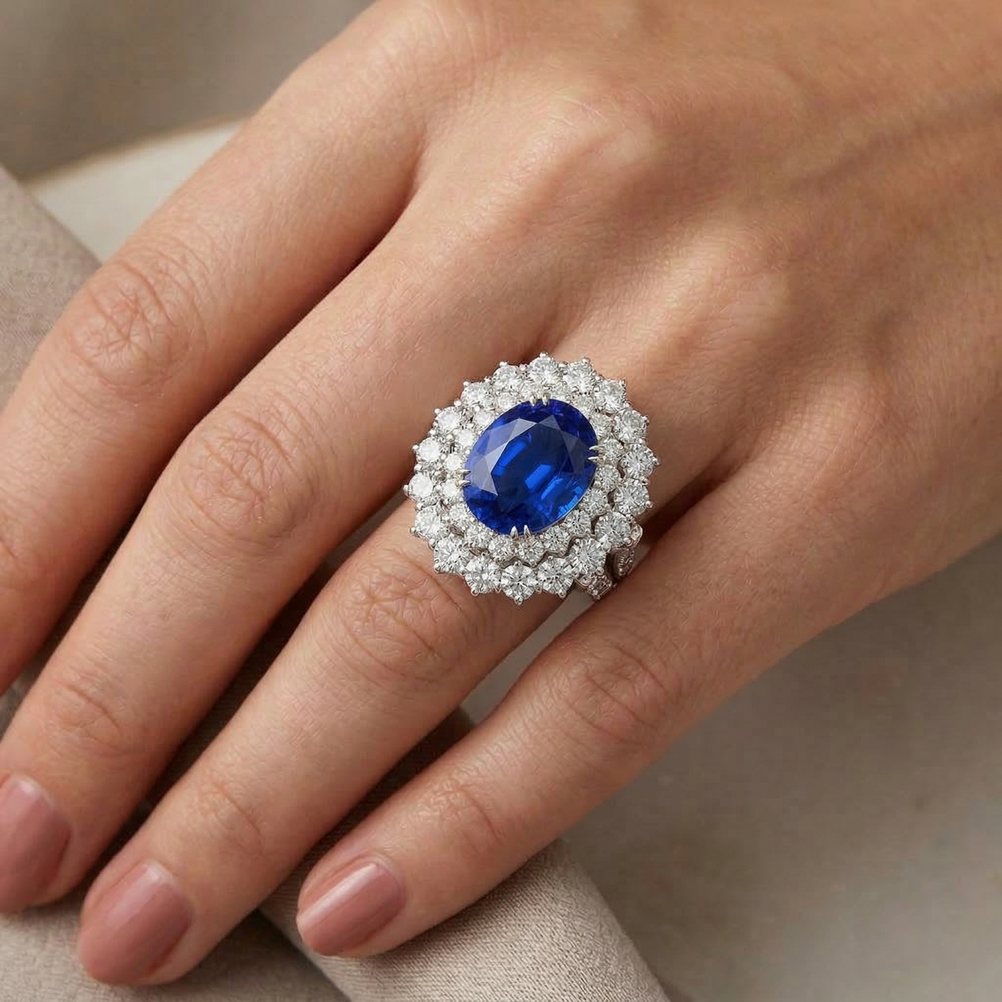 Oro bianco 14K 10 ct. Anello con zaffiro a cuscino e diamanti rotondi