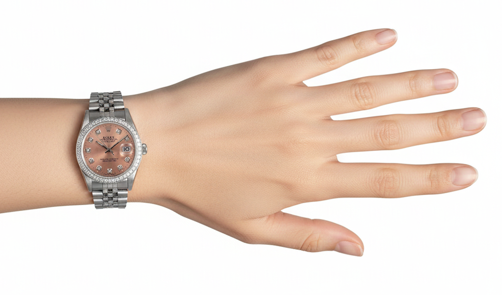 Orologio Rolex Datejust acciaio inossidabile quadrante rosa Di medie dimensioni Rolex quadrante rosa in acciaio