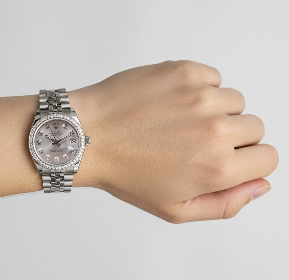Orologio Rolex Datejust di medie dimensioni con lunetta di diamanti personalizzata acciaio inossidabile 5 carati