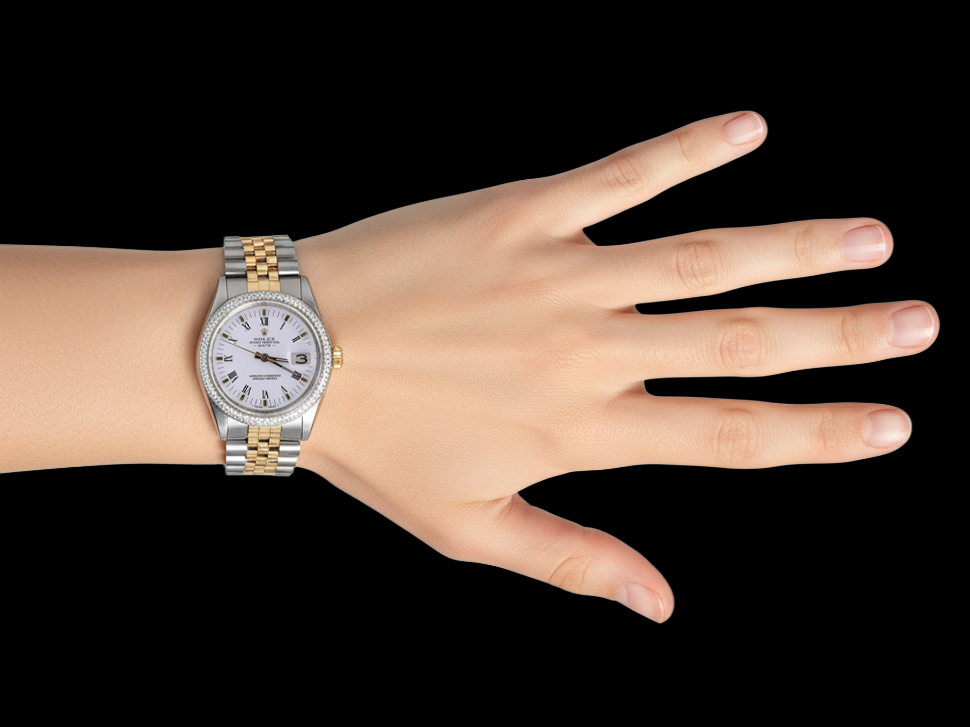 Orologio da uomo Rolex Date, cinturino giubileo bicolore, lunetta con diamanti