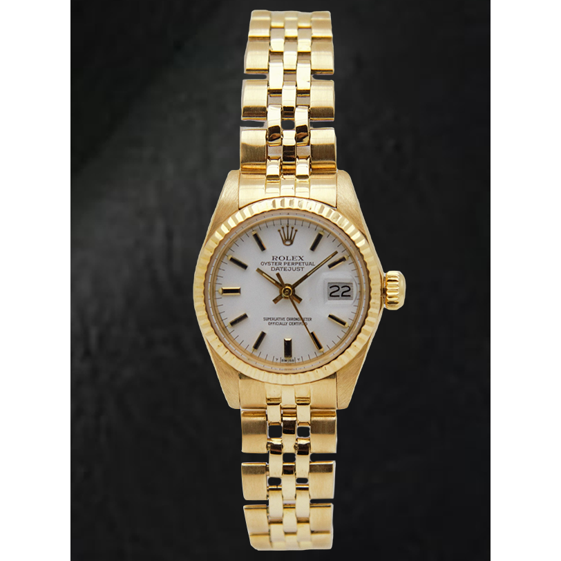 Orologio Rolex Lady-Datejust quadrante bianco stile President bracciale oro giallo