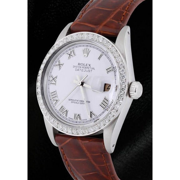 Orologio Datejust Rolex con quadrante romano e lunetta con diamanti