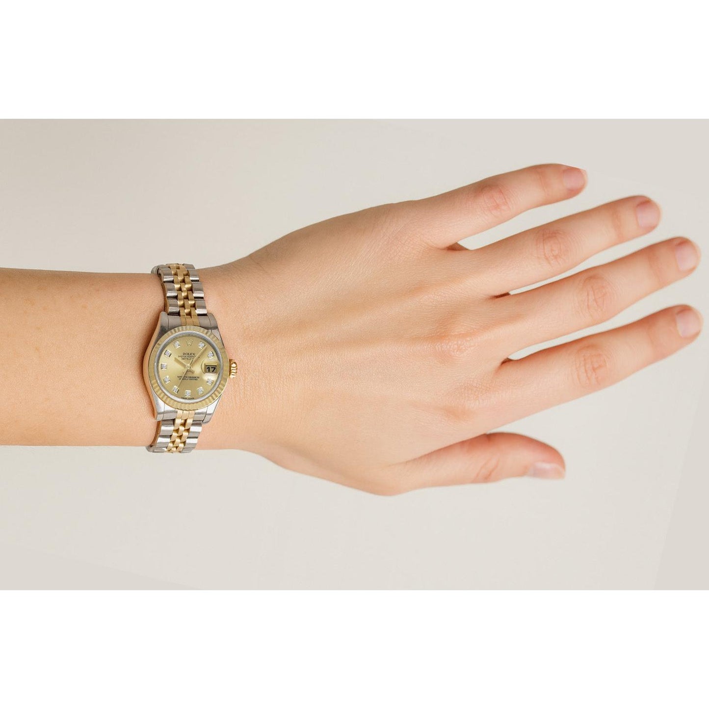 Orologio Rolex 179173 Datejust 26 mm quadrante champagne con diamanti anno 2014 bicolore P1