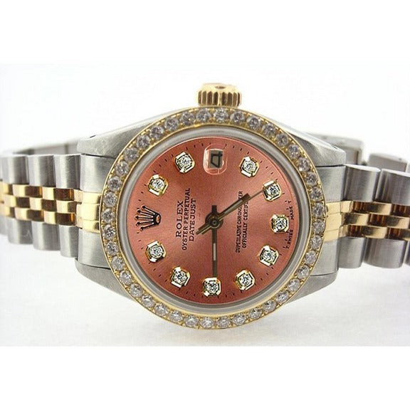 Orologio Rolex Date-Just da donna con quadrante color salmone e lunetta con diamanti