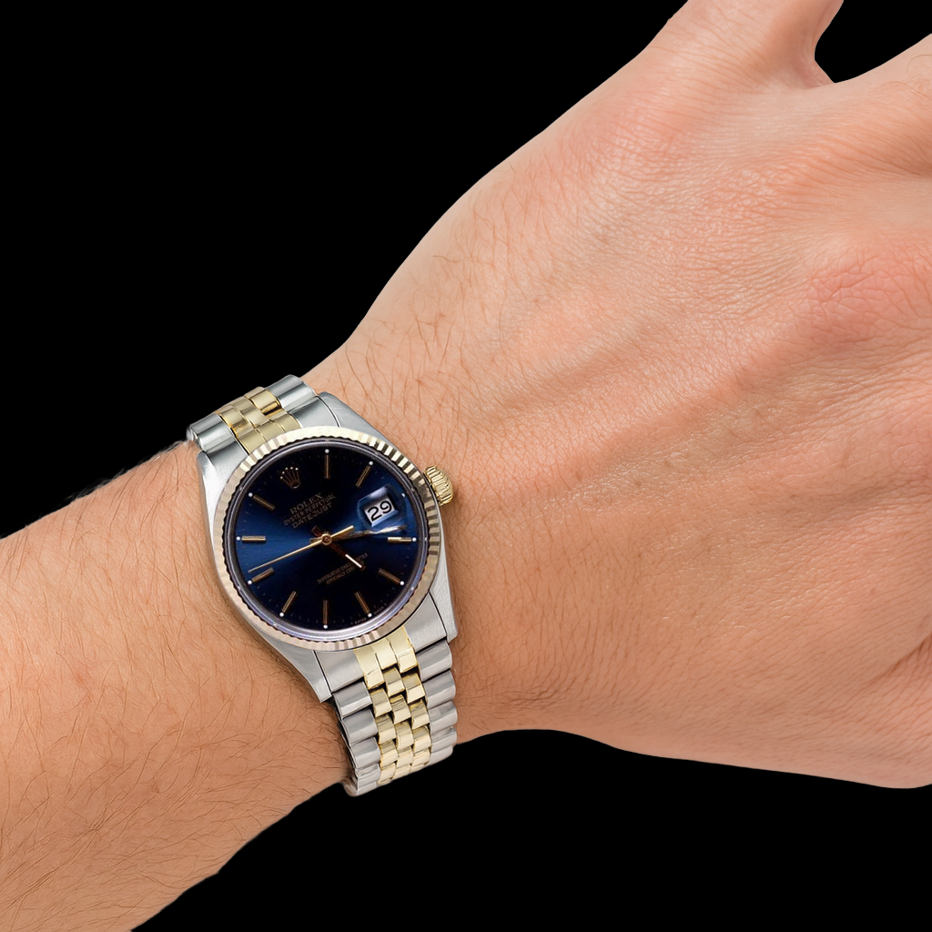 Orologio Rolex Date Just bicolore con quadrante blu ostrica perpetuo giubileo rapido