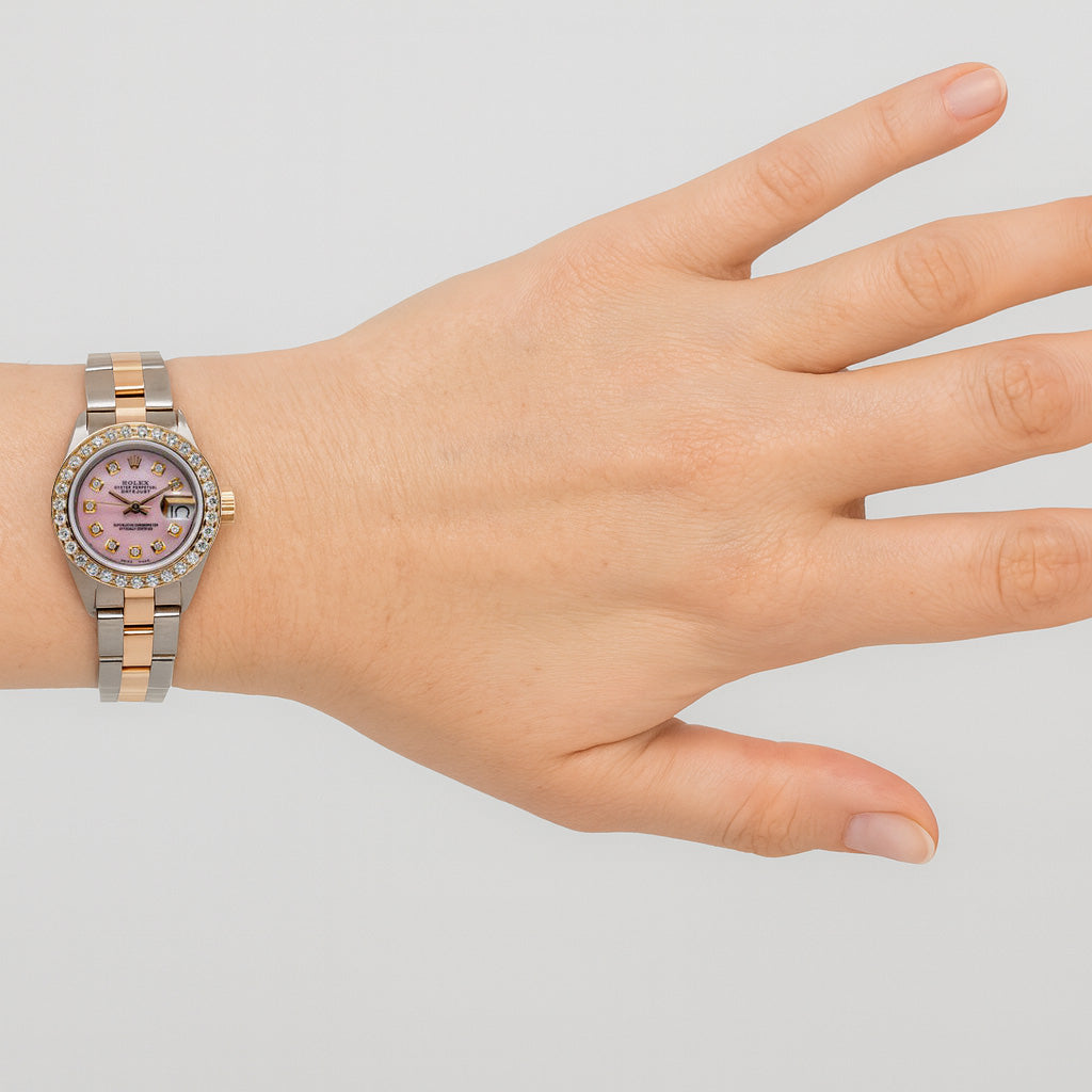 Orologio Rolex Datejust 26 mm con quadrante in madreperla rosa e diamanti, bracciale Oyster bicolore