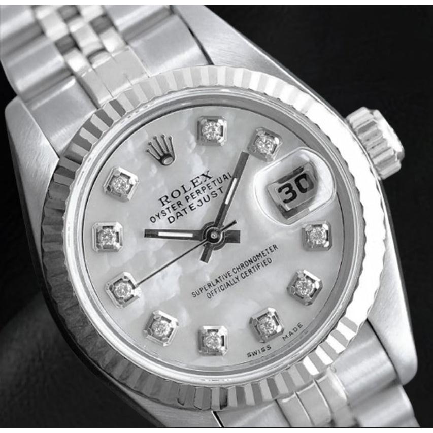 Orologio Rolex Datejust 26 mm in acciaio inossidabile con quadrante in madreperla bianca e diamanti