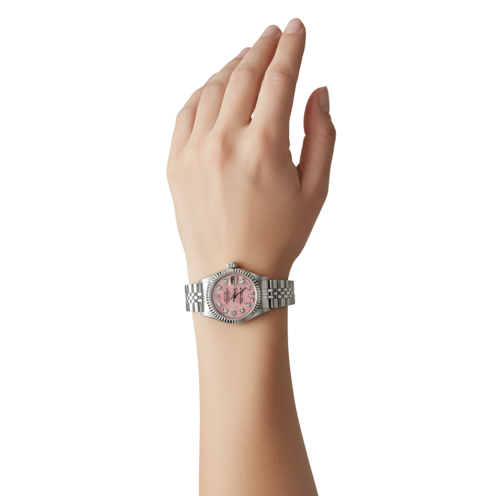 Orologio Rolex Datejust 26 mm in acciaio inossidabile con quadrante in madreperla rosa e diamanti