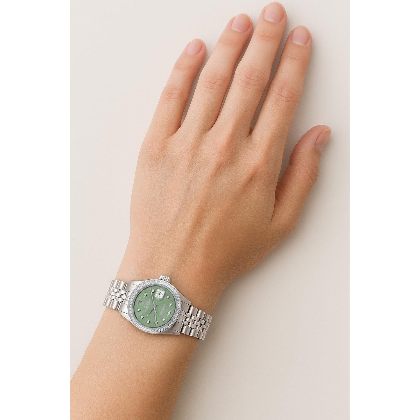 Orologio Rolex Datejust 26 mm in acciaio inossidabile con quadrante verde oliva e diamanti