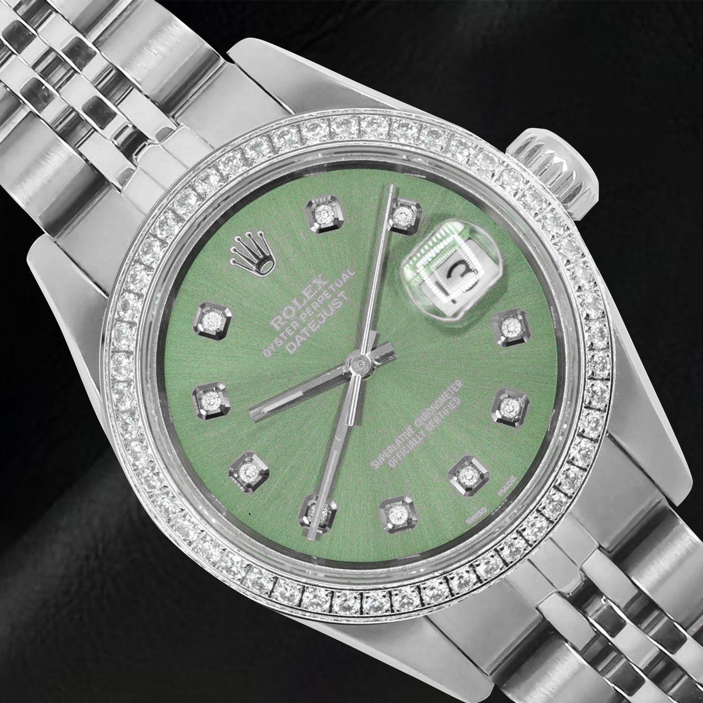 Orologio Rolex Datejust 26 mm in acciaio inossidabile con quadrante verde oliva e diamanti