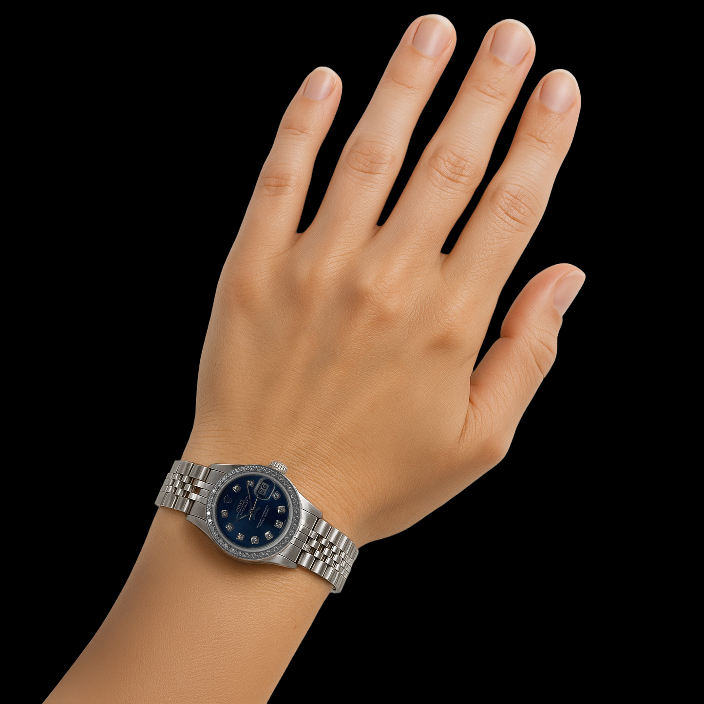 Orologio Rolex Datejust 26 mm quadrante blu scuro con diamanti in acciaio inossidabile e bracciale Jubilee
