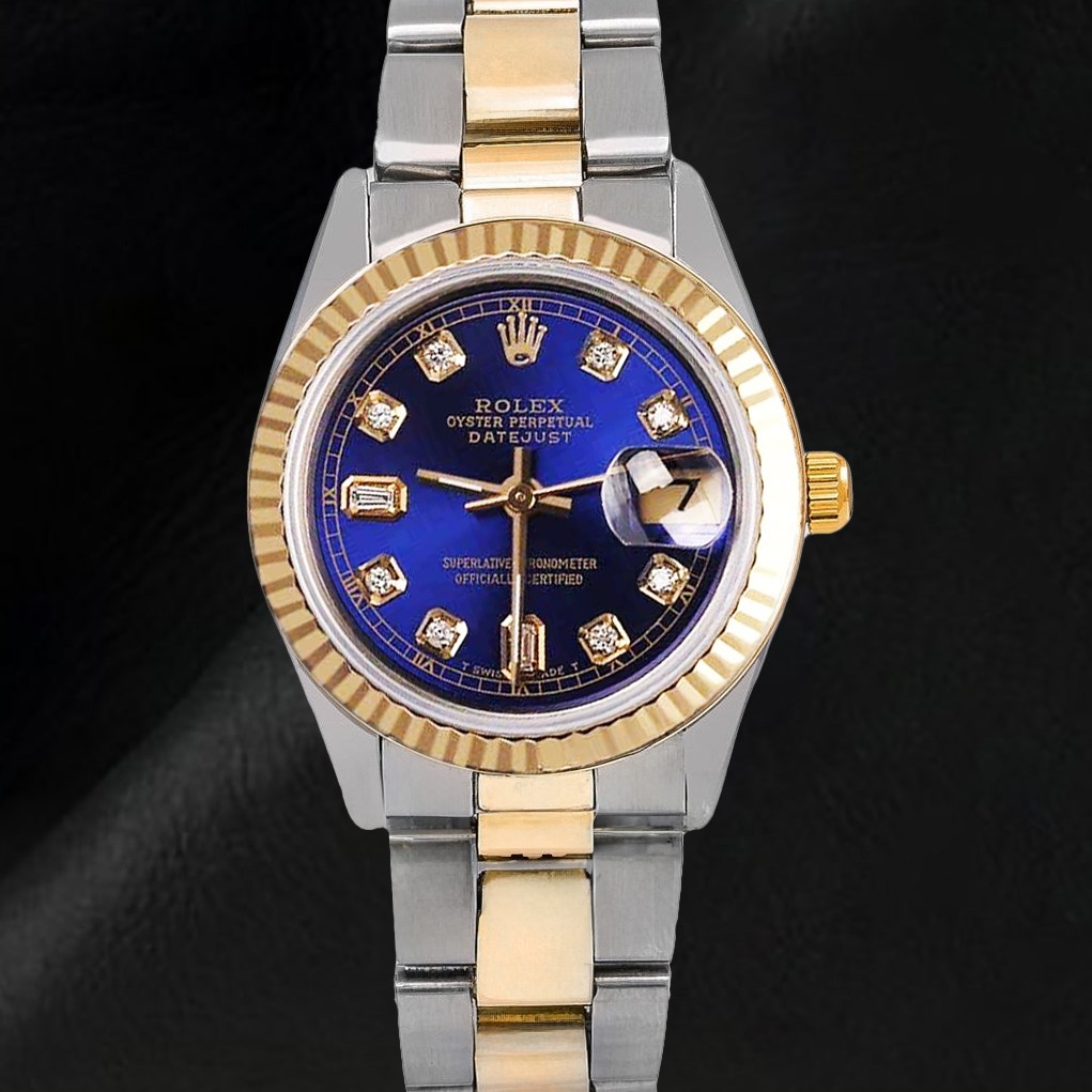 Orologio Rolex Datejust 31 mm con quadrante blu e diamanti, bracciale Oyster bicolore
