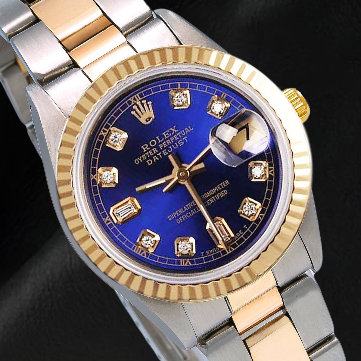 Orologio Rolex Datejust 31 mm con quadrante blu e diamanti, bracciale Oyster bicolore