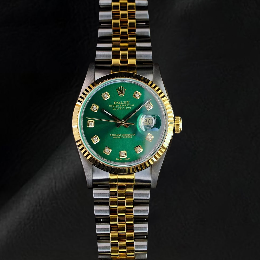 Orologio Rolex Datejust 36 mm con quadrante verde e diamanti bicolore