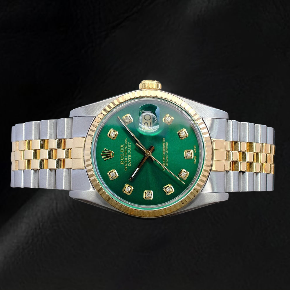 Orologio Rolex Datejust 36 mm con quadrante verde e diamanti bicolore