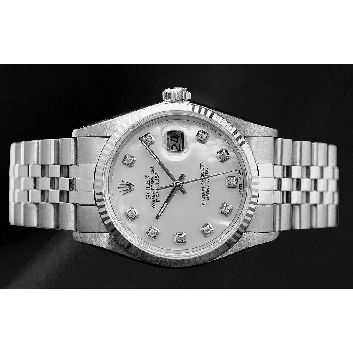 Orologio Rolex Datejust 36 mm in acciaio inossidabile con quadrante in madreperla bianca e diamanti