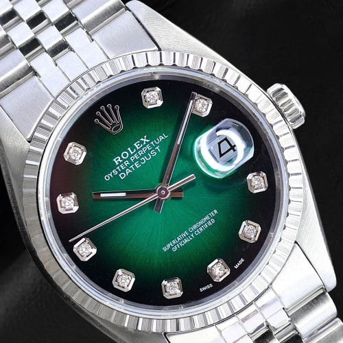 Orologio Rolex Datejust 36 mm in acciaio inossidabile con quadrante verde con diamanti