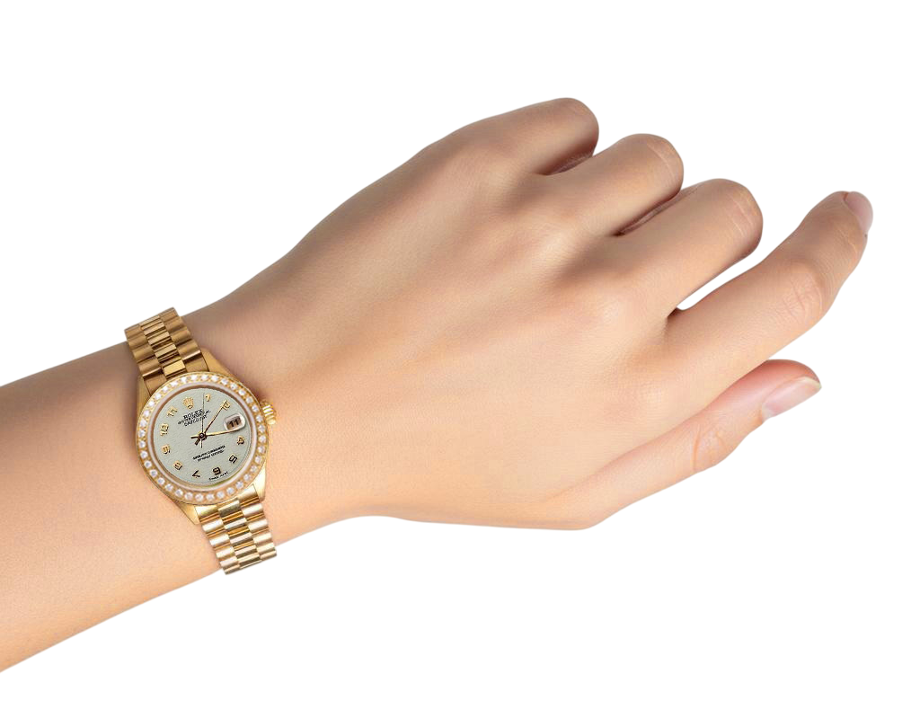 Orologio Rolex Datejust Presidente in oro giallo con lunetta in diamanti e quadrante arabo P2