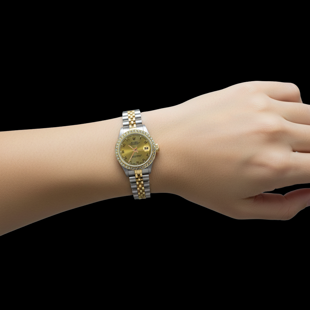 Orologio Rolex Datejust con bracciale in acciaio inossidabile e oro arabo champagne P2