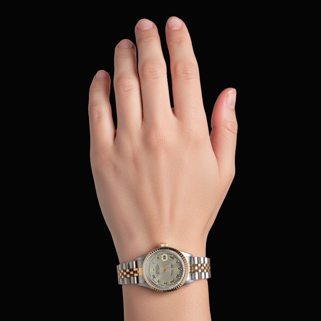 Orologio Rolex Datejust da donna in acciaio inossidabile e lunetta scanalata in oro giallo P2