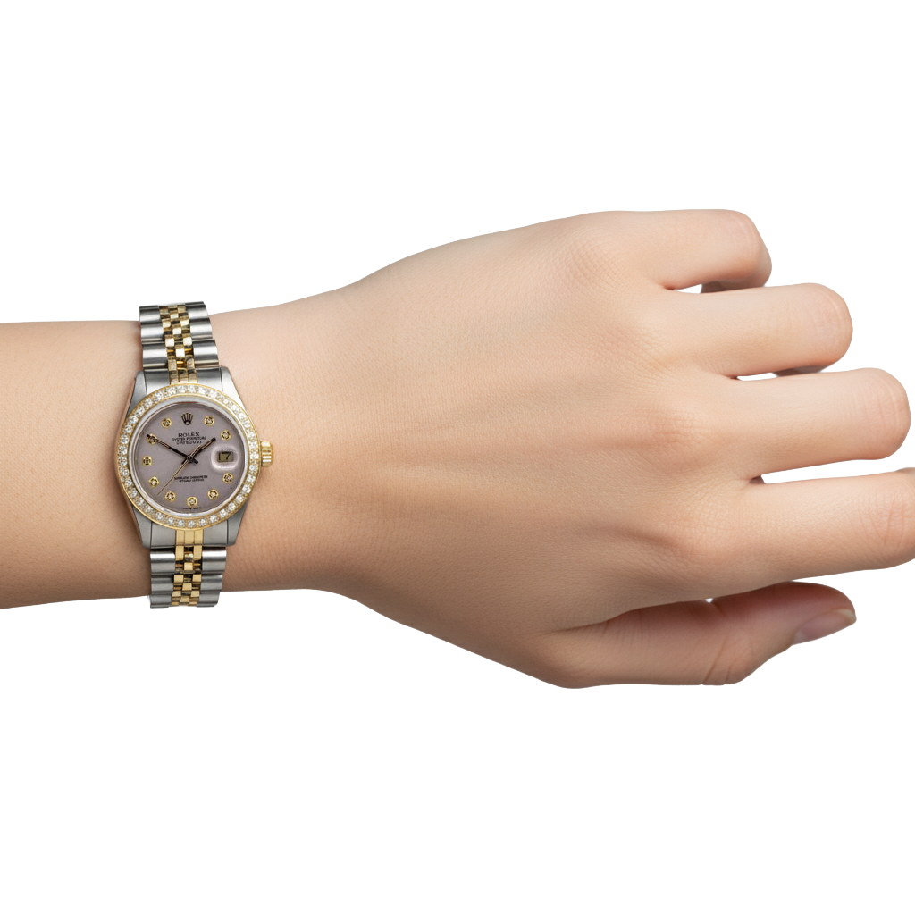 Orologio Rolex Datejust di medie dimensioni 31 mm bianco madreperla quadrante diamanti lunetta diamanti bracciale giubileo acciaio inossidabile e oro P3