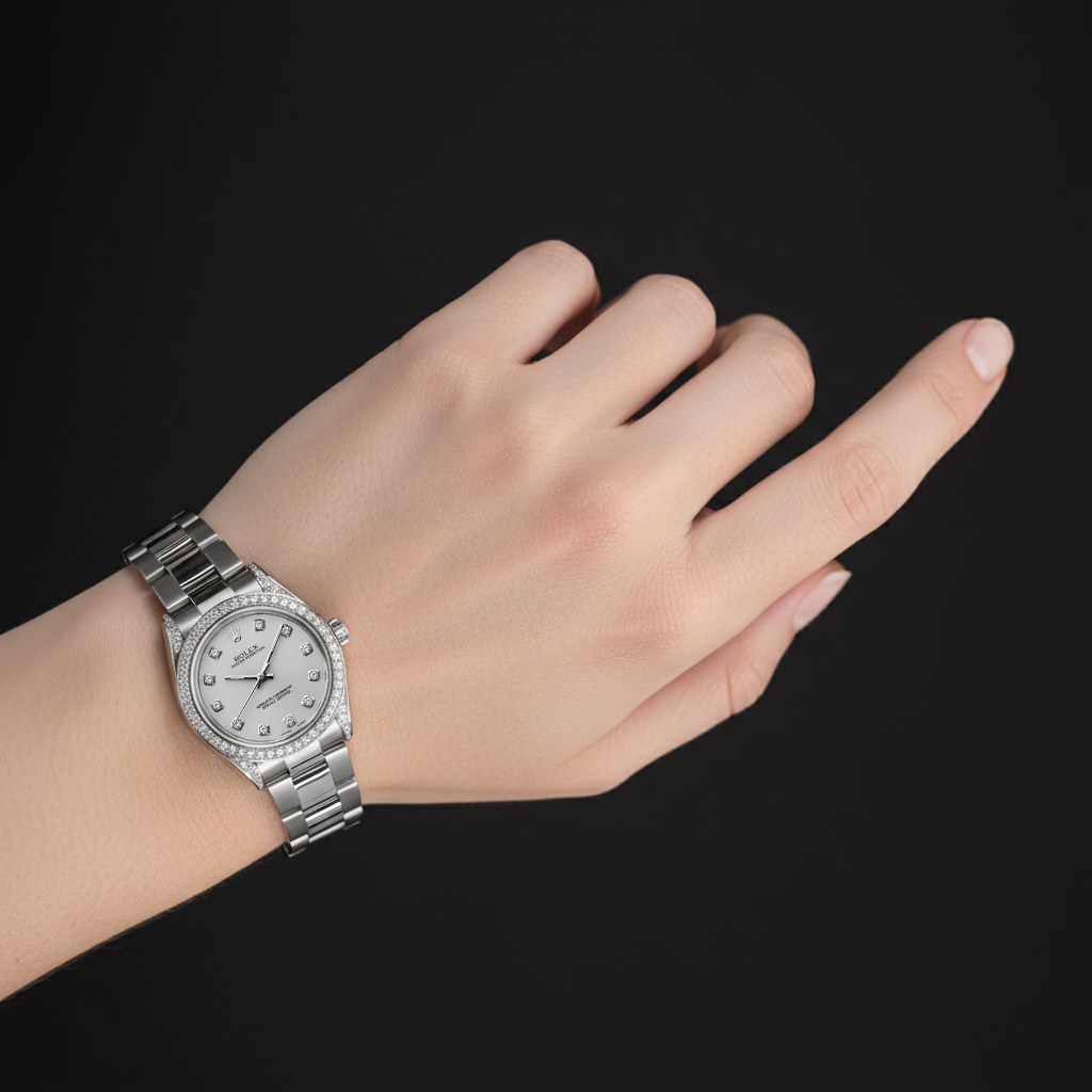 Orologio Rolex Datejust di medie dimensioni Bracciale ostrica con lunetta di diamanti personalizzata Acciaio inossidabile P5