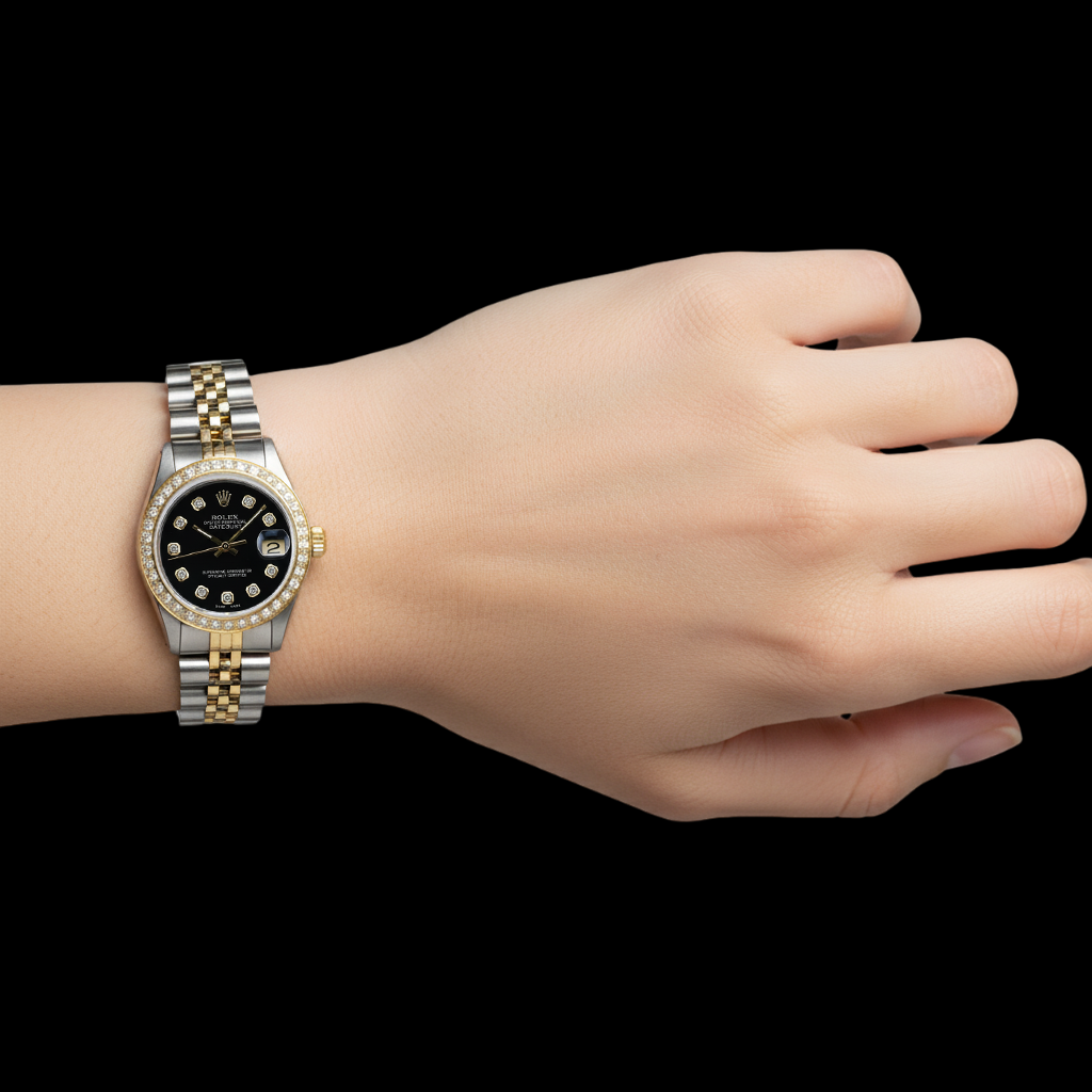 Orologio Rolex Datejust di medie dimensioni con diamanti Quadrante nero con diamanti di medie dimensioni P4