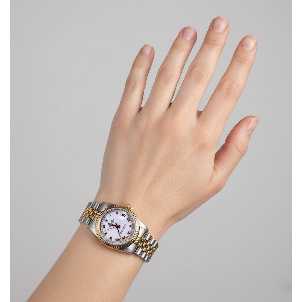 Orologio Rolex Datejust di medie dimensioni con quadrante romano bianco, Giubileo bicolore P4