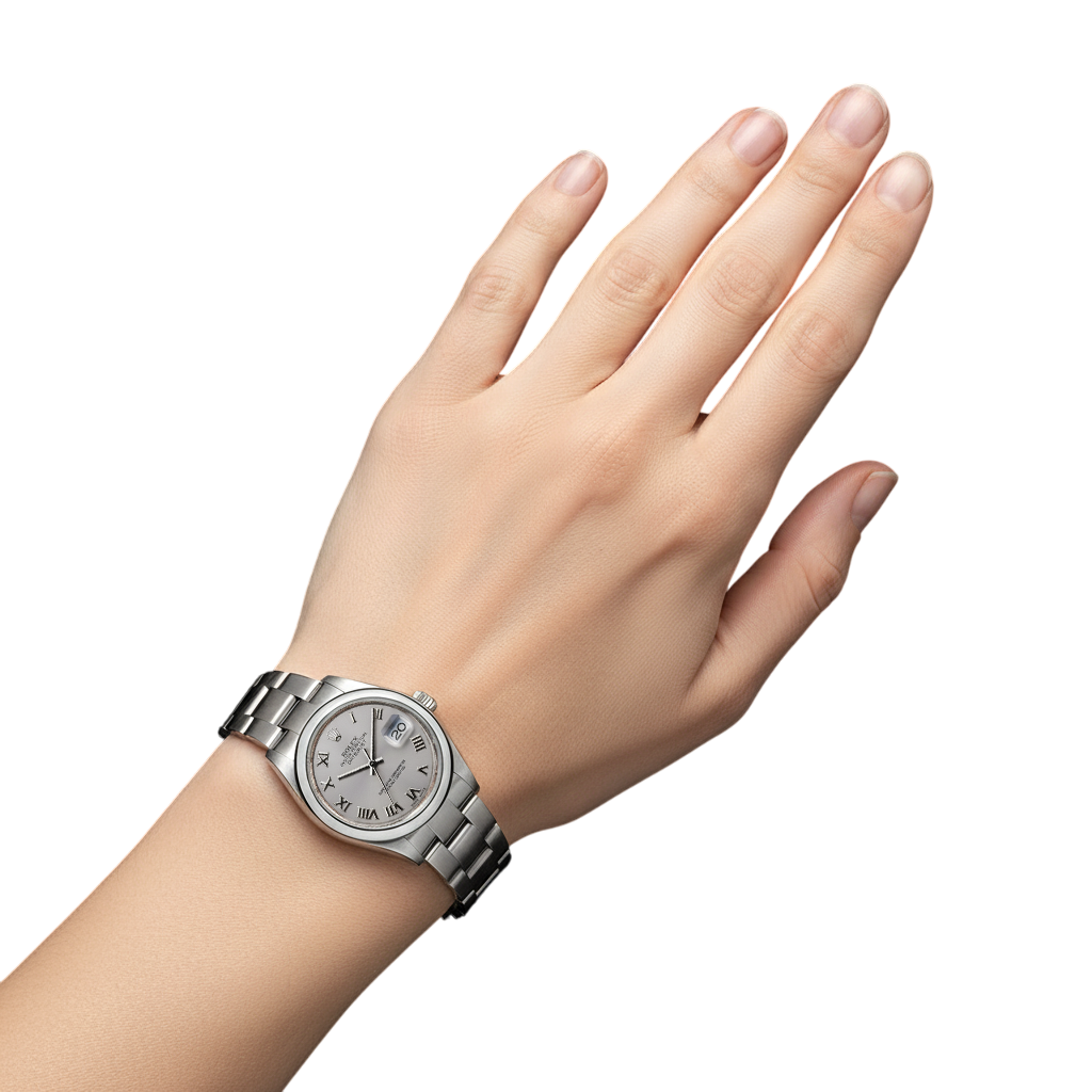 Orologio Rolex Datejust di medie dimensioni con quadrante romano bianco e bracciale ostrica in acciaio inossidabile P5