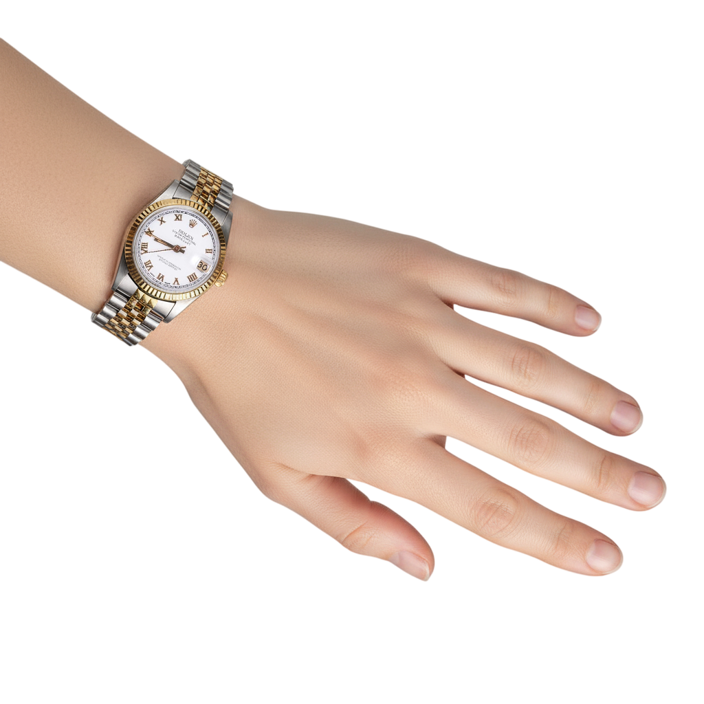Orologio Rolex Datejust di medie dimensioni con quadrante romano e lunetta scanalata, bicolore, giubileo P5