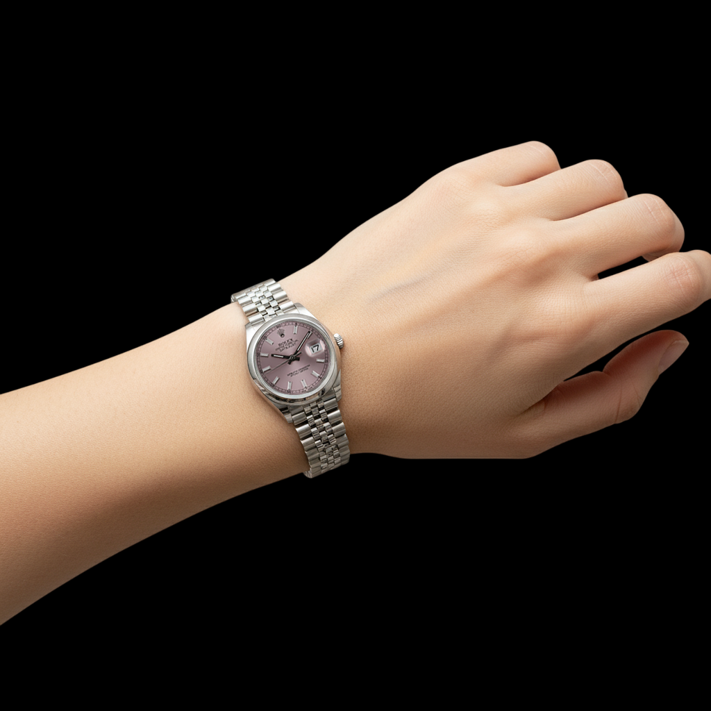 Orologio Rolex Datejust di medie dimensioni con quadrante rosa e bracciale giubileo acciaio inossidabile P5