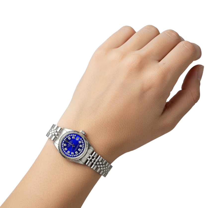 Orologio Rolex Datejust giubileo in acciaio inossidabile con quadrante blu a doppia fila di diamanti P2