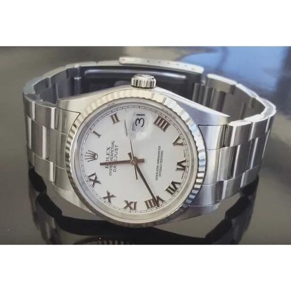 Orologio Rolex Datejust in acciaio inossidabile con quadrante bianco ostrica e lunetta con numeri romani impostazione rapida