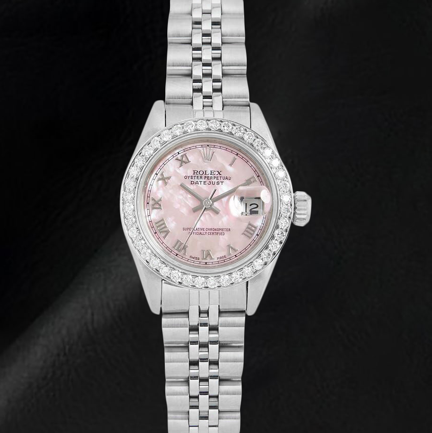 Orologio Rolex Datejust in madreperla rosa con quadrante romano da 26 mm in acciaio inossidabile