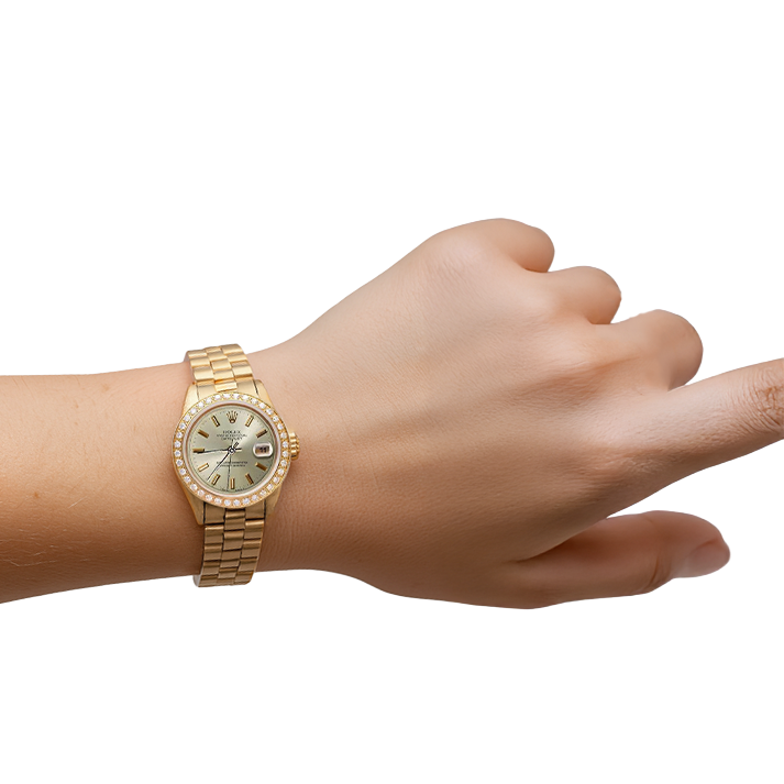 Orologio Rolex Datejust in oro giallo stile presidenziale con quadrante grigio a bastoncino e diamanti