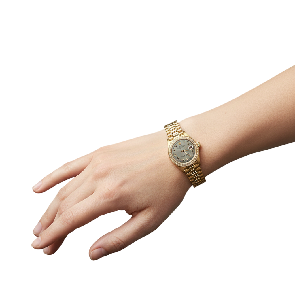 Orologio Rolex Datejust stile presidenziale bracciale quadrante grigio romano oro giallo donna P2