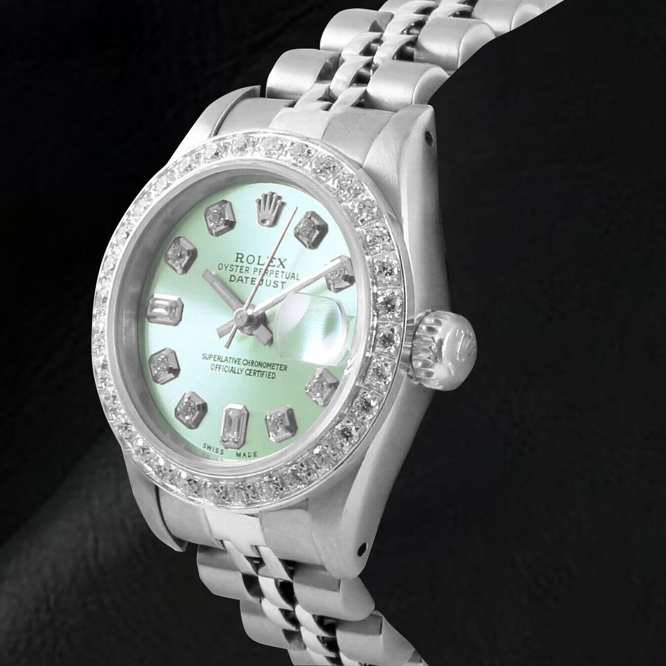 Orologio Rolex Datejust verde oliva con diamanti baguette da 26 mm in acciaio inossidabile